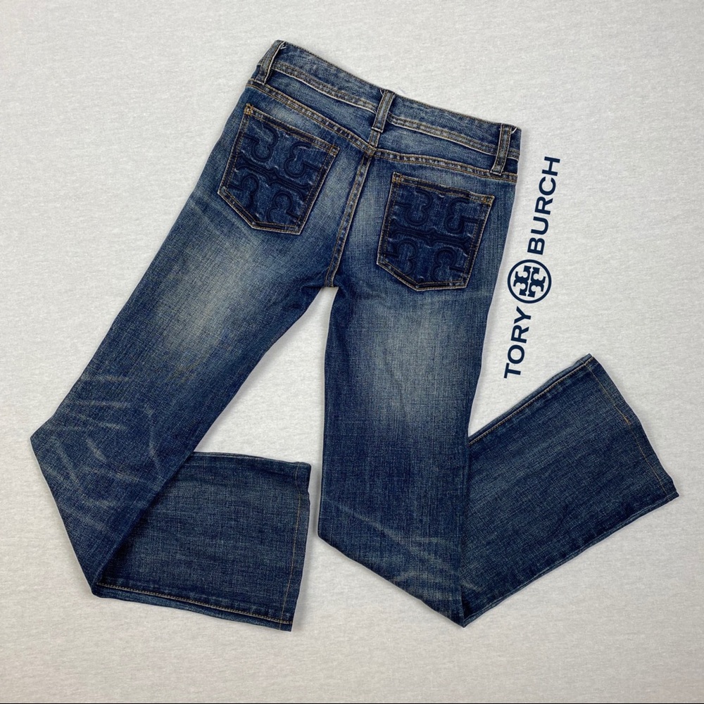 Tory Burch Distressed Embroidered Boot Cut Jeans